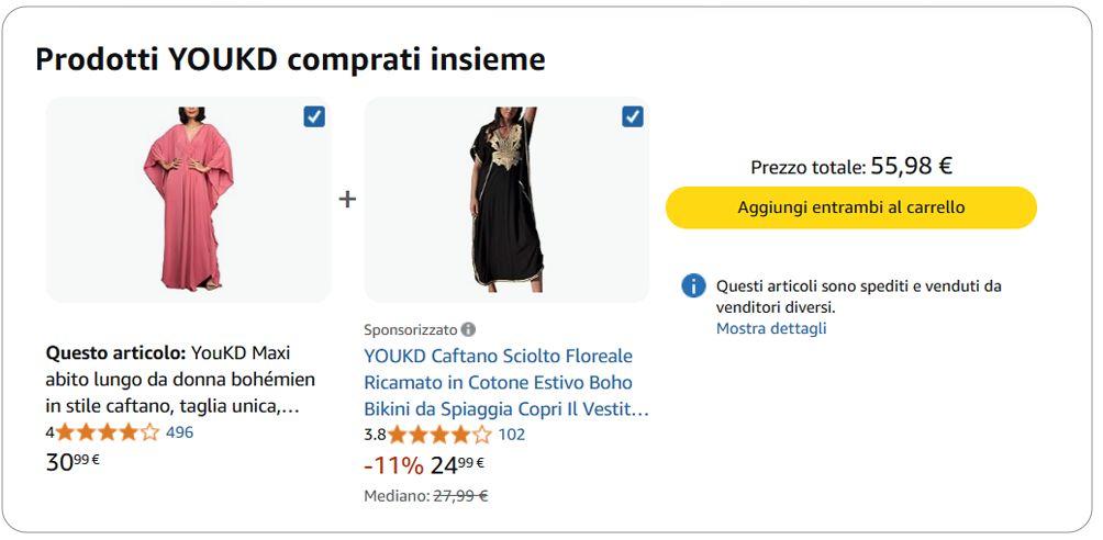 ✅ amazon.it: Questa pagina prodotto di Amazon, per un vestito, non utilizzava una tabella di confronto. Offriva invece un modo rapido per aggiungere un vestito simile all'ordine.