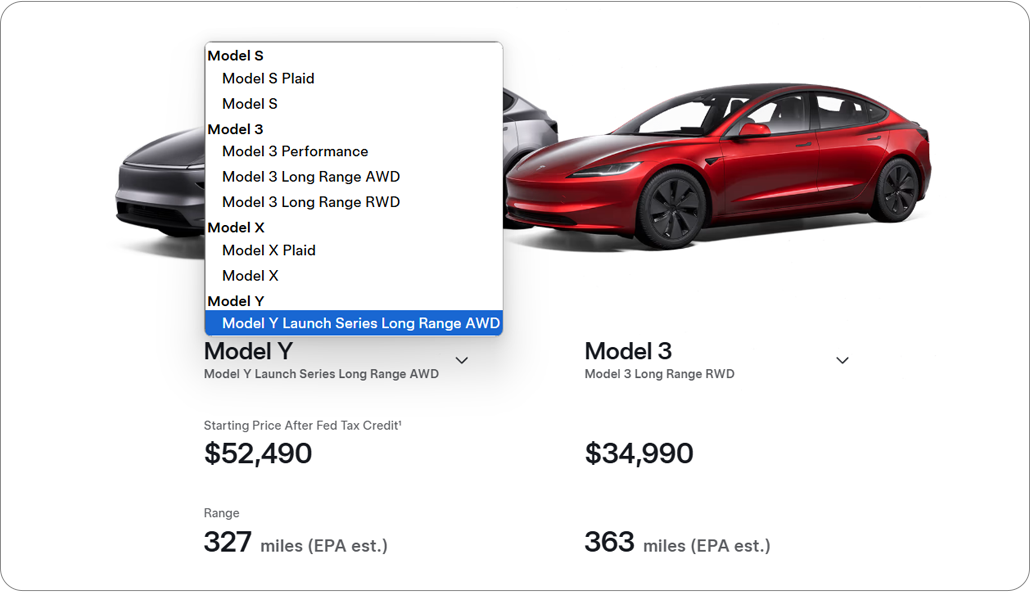 ✅ tesla.com: Il sito di Tesla permetteva agli utenti di confrontare diversi modelli di Tesla utilizzando una tabella dinamica.