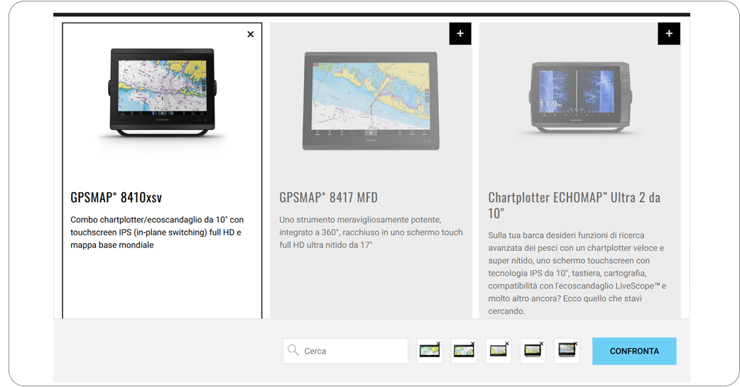 ❌ garmin.com: Sebbene il pulsante grigio fantasma si confondesse nell'interfaccia utente e non fosse facilmente individuabile, questo esempio di Garmin non era del tutto negativo. Presentava un pulsante "CONFRONTA" nella parte superiore della pagina di elenco dei prodotti. Quando premuto, aggiungeva il prodotto a una tabella di confronto invece di portare a una pagina di dettaglio