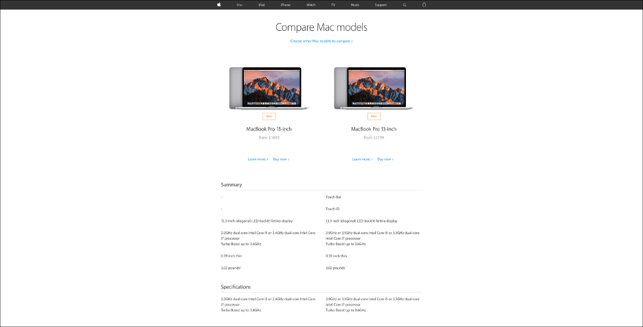 ❌ La tabella di confronto dinamica di Apple per i suoi computer Mac limitava inutilmente gli utenti al confronto di due articoli, anche su schermi molto grandi.